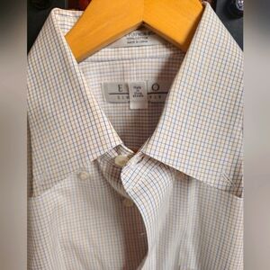 ENRO 15.5 32-33 White w/brown & blue stripes long sleeve,  button-up,  1 pocket